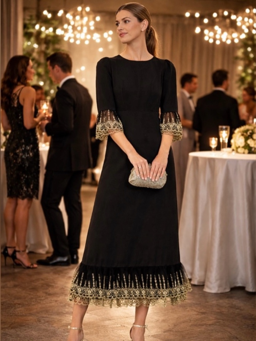 TUCKERNUCK Pomander Place Black Gold Lace Lillith Dress NWT Size Small